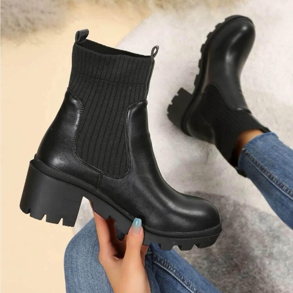 Punk Style Black Chelsea Boots, Slip On Thick Bottom Sock Boots